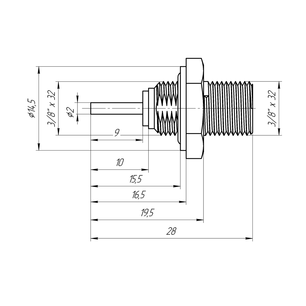 Разъем F(female) на корпус, цанговый, с шестигранником 15 мм, герметичный с резиновым уплотнителем